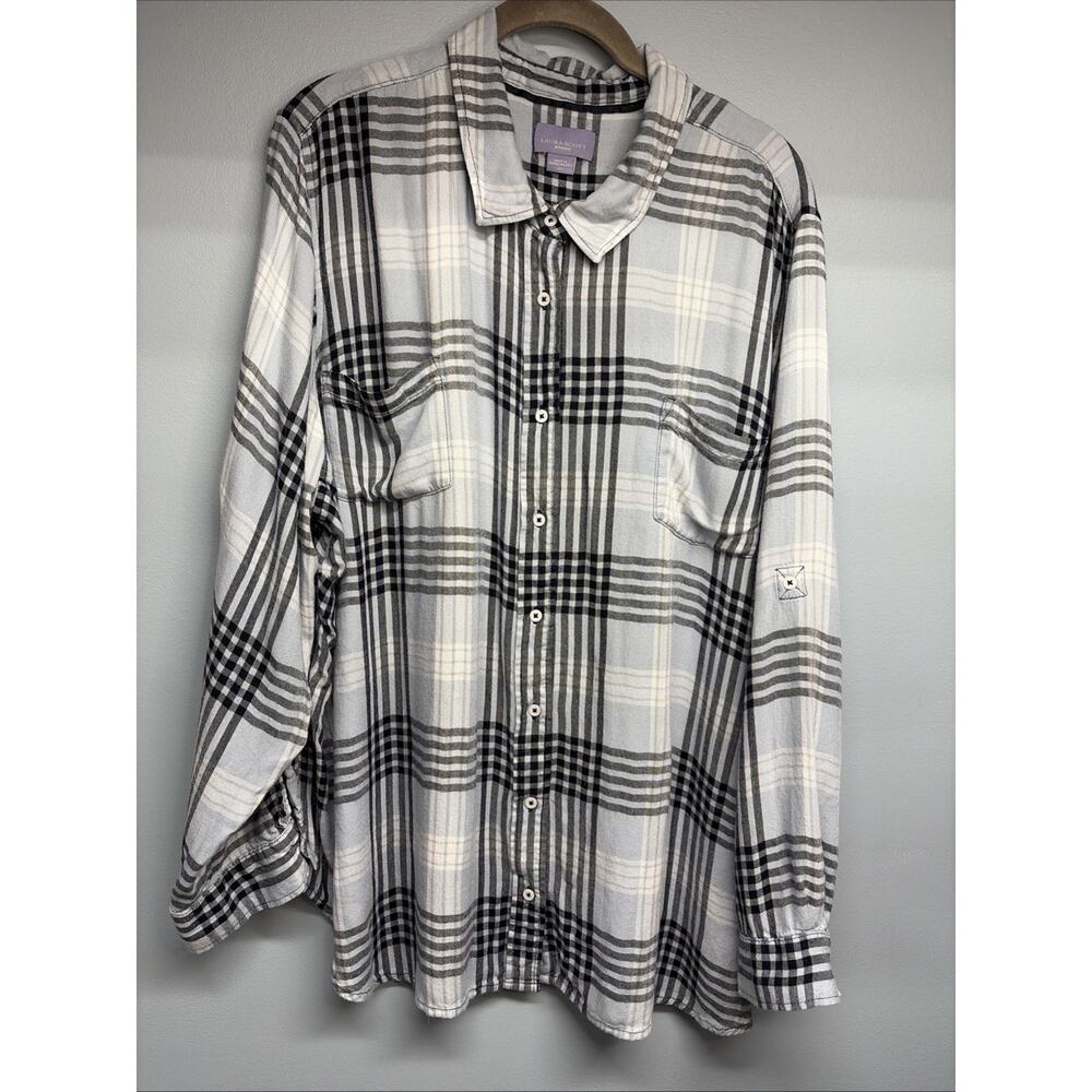 Laura Scott Button-Up Top - Women’s 3X Blue Plaid Long Sleeves -Pockets/Roll-tab